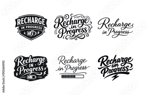 Recharge in progress. Set lettering. harmonious lettering variations of the same emblematic concept, each with different artistic