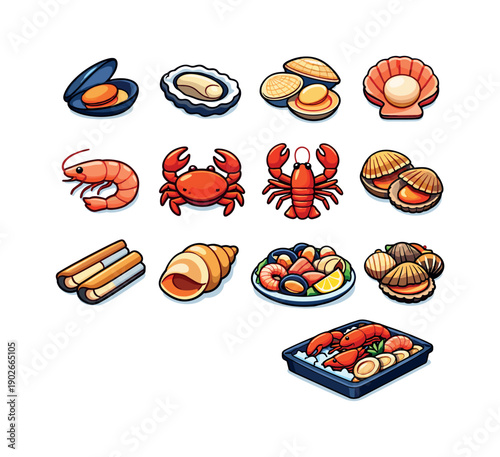 Colorful Shellfish Icons. Shellfish. Colorful isometric vector icons set of Shellfish: mussels, oysters, clams, scallops, shrimp, crab, lobster, cockles, razor