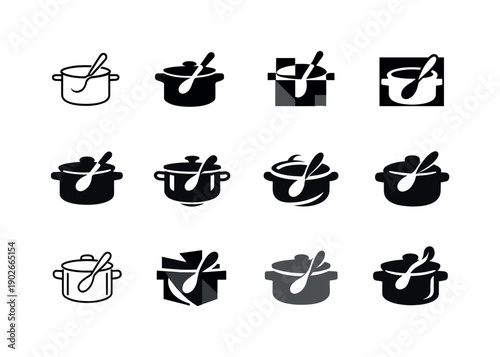 cooking for beginners. Icon set. Set Logo of cooking for beginners: simple pot with spoon. harmonious logo variations of the same emblematic