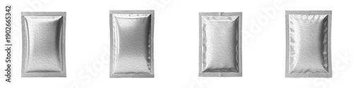 Set of silver foil sachet mockups: Collection of metallic flexible packaging bags and small pouches isolated on white background for food, cosmetic, and pharmaceutical samples.