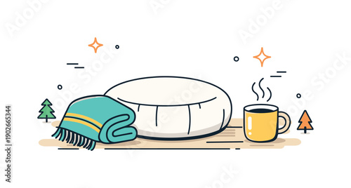 Relaxing Meditation Setup. Meditation cushion with shawl. A soft zafu pillow on a wooden floor with a folded wool shawl and steam rising from a nearby mug,