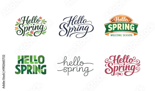 Hello spring feeling. Set lettering. harmonious lettering variations of the same emblematic concept, each with different artistic