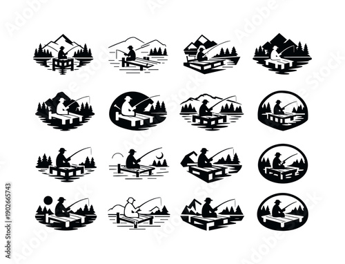 Fishing Logo Variations. Fishing in remote lakes. Icon set. Set Logo of fishing in remote lakes: isolated dock and angler. harmonious logo variations of the