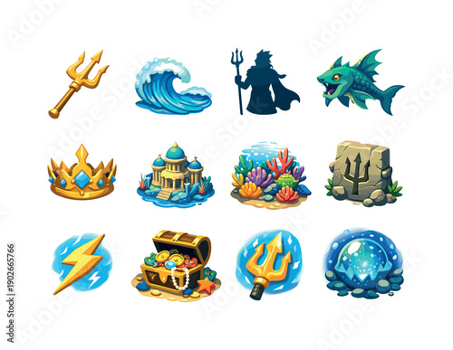 Poseidon's trident. Colorful isometric vector icons set of Poseidon's trident: golden trident, ocean waves, Greek god silhouette, sea
