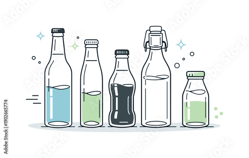 Glass drink bottles. Clean arrangement of glass bottles with different shapes and caps, standing calmly side by side and reflecting light.