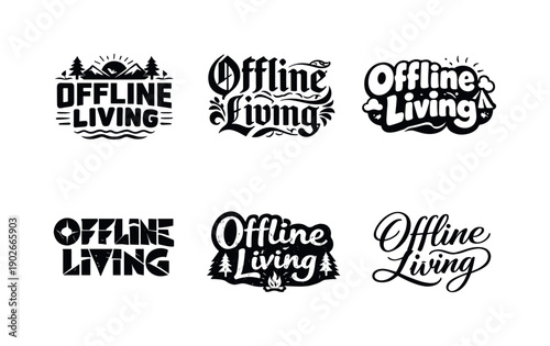 Offline living. Set lettering. harmonious lettering variations of the same emblematic concept, each with different artistic interpretation