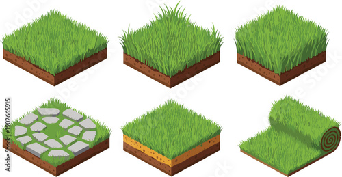 Isometric grassy terrain block illustration showing soil layers, stone pavers, lush grass, turf roll, and environmental ground textures for landscaping, gardening, education, and game design
