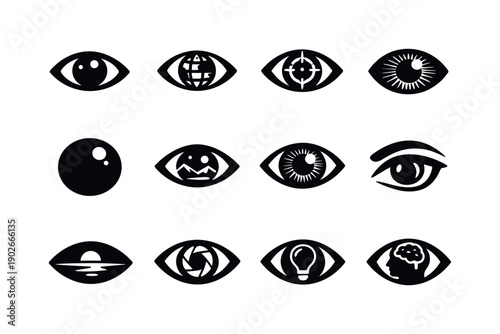 Eye Icons Grid. Eyes seeing the world. Solid icon set of Eyes seeing the world: human eye, globe eye, vision focus, iris detail, pupil close-up, eye