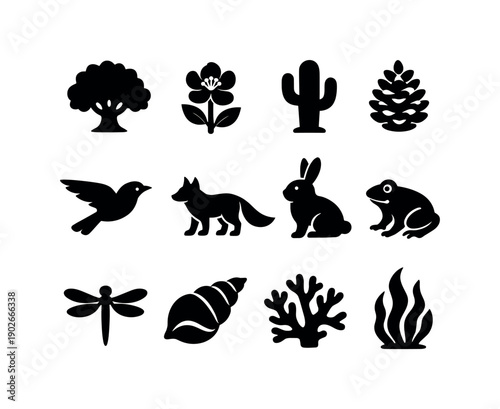 Wildlife and Plants. Solid icon set of Wildlife and Plants: oak tree, blooming flower, cactus, pine cone, flying bird, wild fox, rabbit,