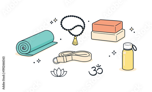Minimalist Yoga Equipment Flatlay. Yoga equipment flat lay. Top view of essential props arranged evenly with plenty of white space, rolled mat and block forms
