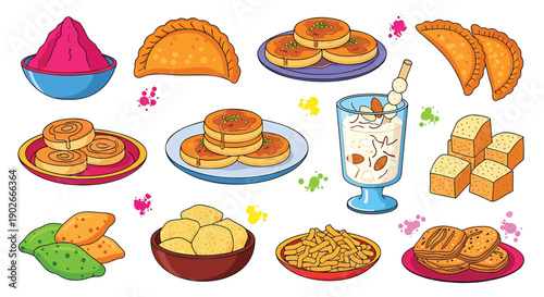 Holi festival food and drink icons, traditional Indian sweets and snacks, colorful vector illustration for banner or poster, isolated on transparent background, png