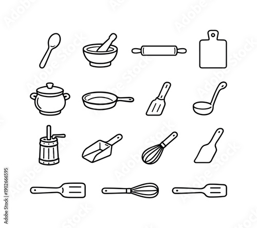 Traditional cooking tools. Line icon set of traditional cooking tools: wooden spoon, mortar and pestle, rolling pin, cutting board, clay pot,
