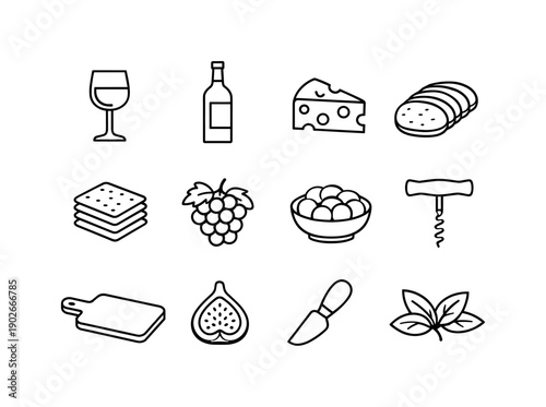 Wine and charcuterie. Line icon set of Wine and charcuterie: wine glass, wine bottle, cheese wedge, sliced meat, crackers, grapes cluster,