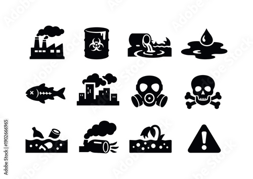 Pollution. Solid icon set of Pollution: factory smoke, toxic barrel, polluted river, oil spill, dead fish, smog city, gas mask, warning