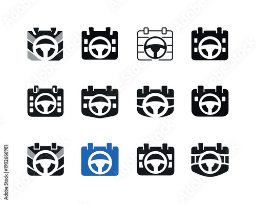Driving Schedule Logos. Driving schedule planner. Icon set. Set Logo of driving schedule planner: steering wheel integrated with calendar grid. harmonious logo