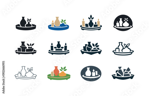 Placing decorative trays on tables. Icon set. Set Logo of placing decorative trays on tables: round tray with decorative objects arrangement.