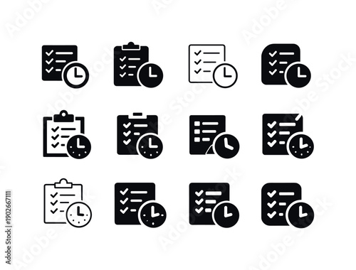 Time Management Icons. Time management. Icon set. Set Logo of time management: task list with clock. harmonious logo variations of the same emblematic concept,