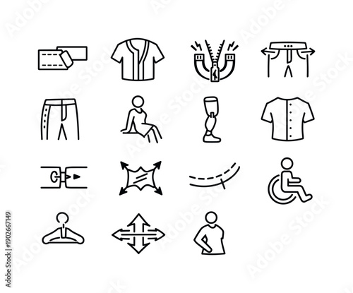 Adaptive Clothing Icons. Adaptive Clothing. Line icon set of Adaptive Clothing: velcro closure, front access shirt, magnetic zipper, adjustable