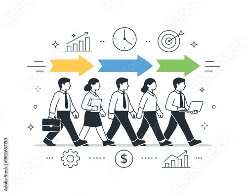 Human cost of efficiency in corporate culture. A team moving forward in perfect alignment under arrows and performance symbols, faces neutral