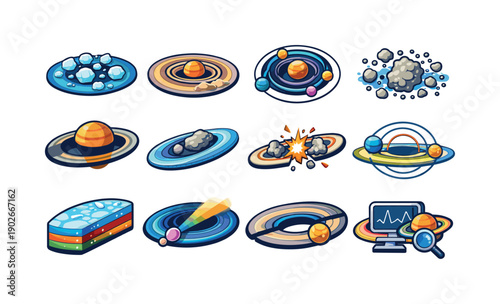 Planetary rings science. Colorful isometric vector icons set of Planetary rings science: icy ring particles, ring density waves, orbital