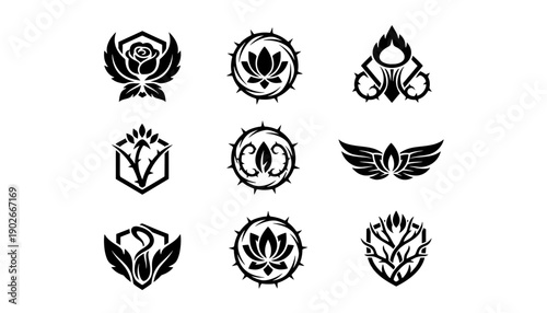 Collection of 11 aggressive fire plant vector icons with thorny vines lotus flowers and shields for esports gaming team mascot branding