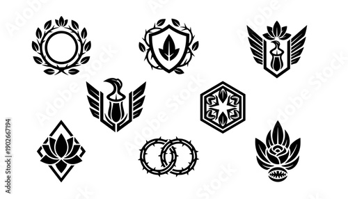 Vector collection of 8 heraldic nature icons including laurel wreaths pitcher plants and thorn rings for esports gaming rank and team logo design