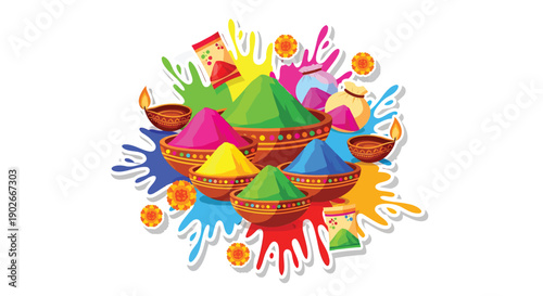 Holi color powder in clay bowls with splashes, vibrant festival illustration for celebration or greeting card, Isolated on transparent background, png