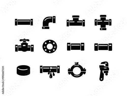 Pipes. Solid icon set of Pipes: straight pipe, bent pipe elbow, T-joint pipe, pipe cross joint, pipe valve, pipe flange, pipe connector, pipe