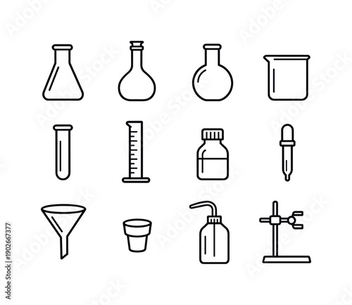 Laboratory glassware. Line icon set of laboratory glassware: erlenmeyer flask, volumetric flask, round flask, beaker, test tube, graduated