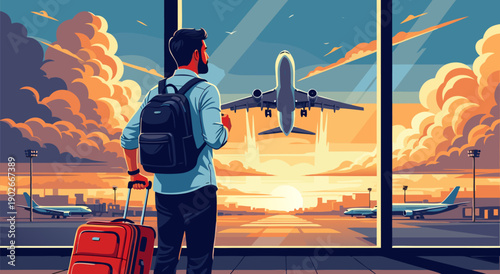 A modern vector illustration of a man with luggage at the airport, watching a plane take off at sunset
