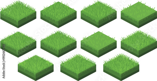 Isometric grassy terrain tiles in stylized cartoon design, featuring varied textures, densities, and patterns for modular video game environments and creative digital landscapes