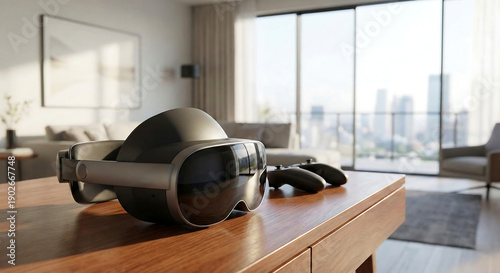 Futuristic Virtual Reality Headset Resting on a Wooden Table in a Modern Living Room