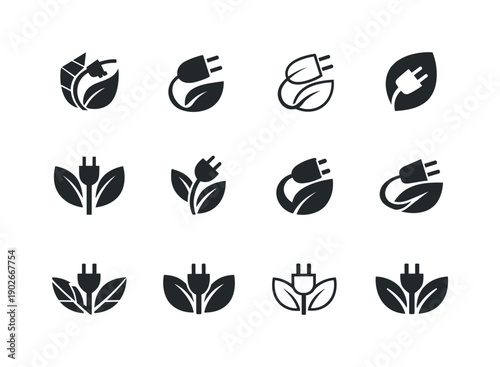 Digital detox for health. Icon set. Set Logo of digital detox for health: unplugged cable forming a leaf. harmonious logo variations of the