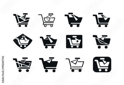 Self-checkout. Icon set. Set Logo of self-checkout: shopping cart with scanner beam. harmonious logo variations of the same emblematic