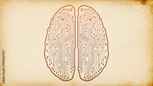 Stylized human brain designed as electronic circuit board with split hemispheres, intricate nodes, and vintage parchment textured background
