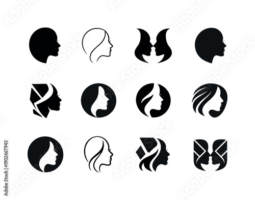 Modeling campaign. Icon set. Set Logo of Modeling campaign: close-up face silhouette. harmonious logo variations of the same emblematic