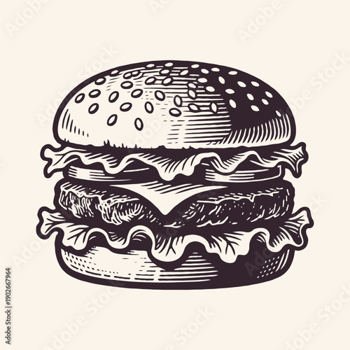 Detailed cheeseburger illustration in hand-drawn style on light background, concept of fast food, snack, diner meal, traditional American cuisine