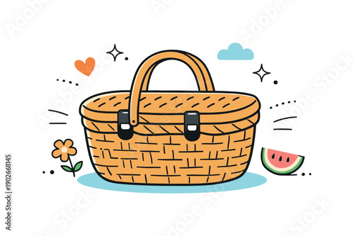 Wicker picnic basket. A stylized wicker basket rendered with soft curves and gentle texture hints, placed in an airy layout. The mood is