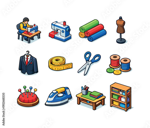 Tailor workshop. Colorful isometric vector icons set of Tailor workshop: tailor working, sewing machine, fabric rolls, mannequin, suit on