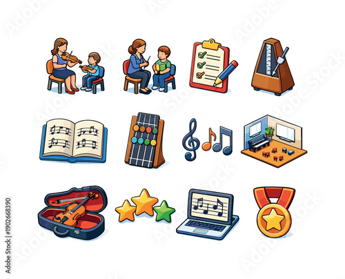 Music education. Colorful isometric vector icons set of music education: violin lesson, teacher and student, practice checklist, metronome