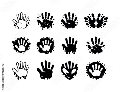 Dirty. Icon set. Set Logo of Dirty: muddy handprint. harmonious logo variations of the same emblematic concept, each with different artistic
