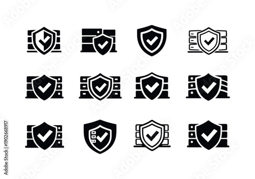 Data Center Icon Set. Data center operations. Icon set. Set Logo of Data center operations: secure data center with shield and servers. harmonious logo