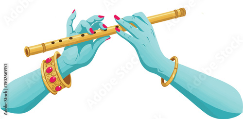 Blue hands adorned with jewelry playing a golden flute with red gems vector illustration