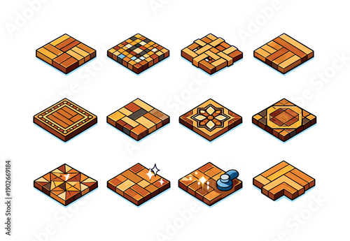 Parquet Floor. Colorful isometric vector icons set of Parquet Floor: square parquet tiles, classic mosaic pattern, basket weave layout,