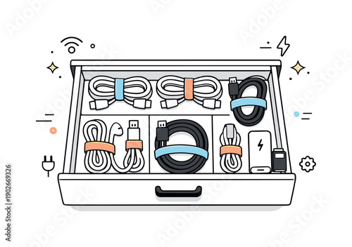 Organized Cable Drawer. Drawer with cable storage. An open drawer showing neatly coiled cables secured with velcro straps, tiny stars and clean