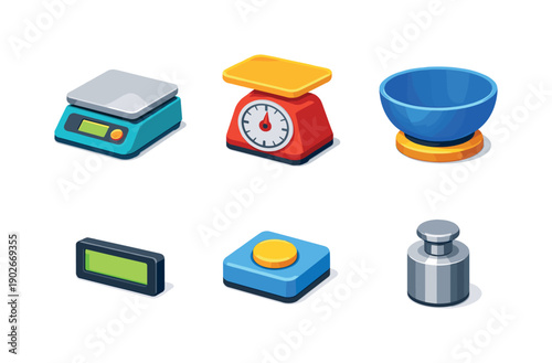 Kitchen scales. Isometric flat vector icons set of kitchen scales: digital kitchen scale, analog kitchen scale, weighing bowl, measurement