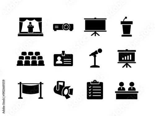 Conference Setup Icons. Conference Setup. Solid icon set of Conference Setup: lecture stage, projector, screen display, speaker podium, seating rows, name