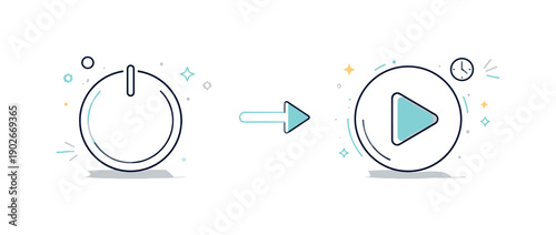 From idle to active. An editorial transition scene where an idle icon subtly transforms into a start or play symbol. The mood is calm and