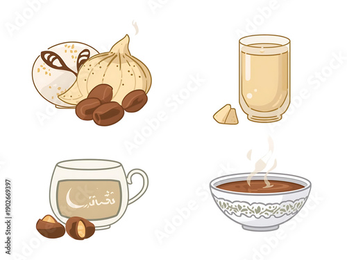 A delightful collection of illustrated coffee-themed beverages, sweet treats, and comforting dessert items, showcasing diverse culinary delights for menus and food blogs