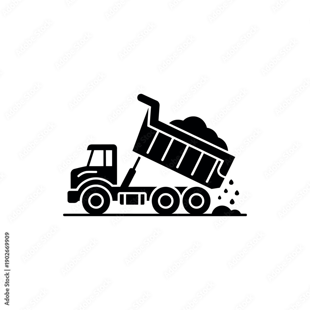 Fototapeta premium Black and white dump truck unloading dirt on a flat surface construction